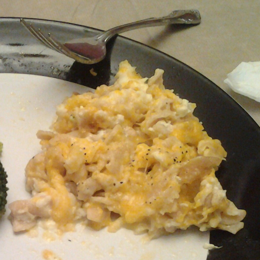 A serving of the finished product, using shells instead of macaroni